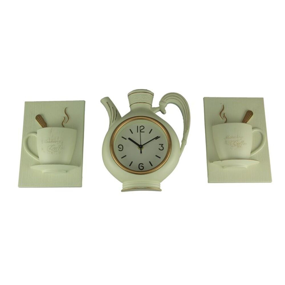 Coffee Pot Clock and Morning Coffee Cups 3 Piece Wall Set, White